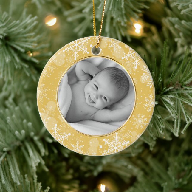 Gold Snowflake Frame Photo Template Ceramic Ornament (Tree)