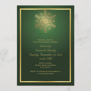 Gold snowflake green wedding rehearsal dinner invitation