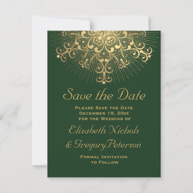 Gold snowflake green winter wedding Save the Date (Front)