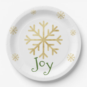 Gold Snowflake “JOY” Green Modern Christmas Paper Plate