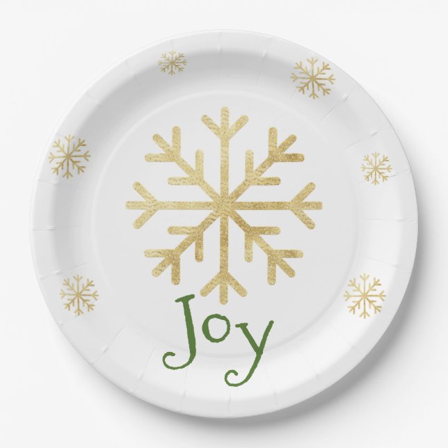 Gold Snowflake “JOY” Green Modern Christmas Paper Plate (Front)