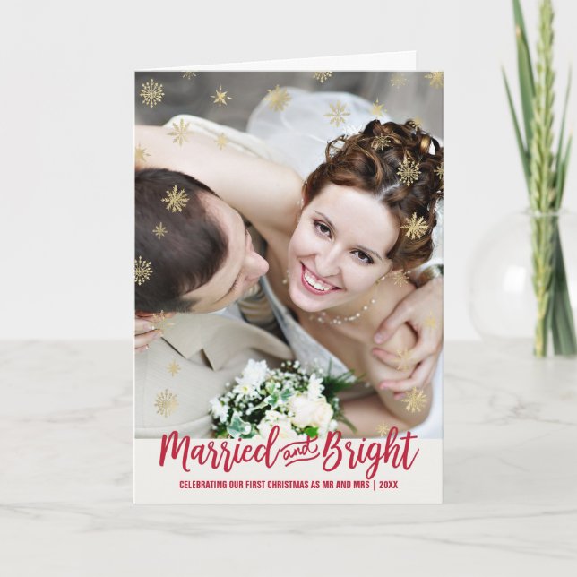 Gold Snowflake Married and Bright Christmas Photo Holiday Card (Front)