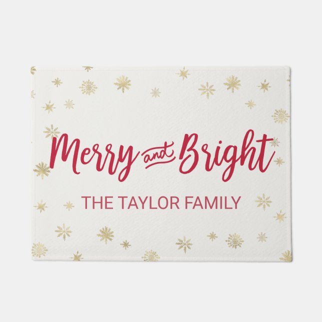 Gold Snowflake Merry and Bright Christmas Doormat (Front)