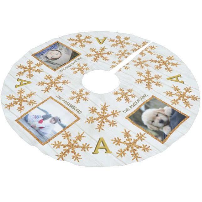 Gold Snowflake Monogram Rustic 3 Photo Brushed Polyester Tree Skirt (Angled)
