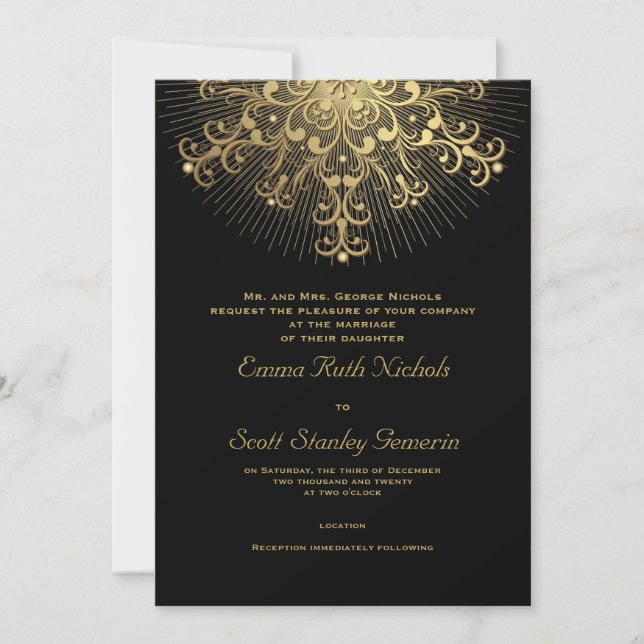 Gold snowflake on black elegant  winter wedding invitation (Front)