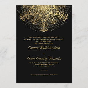 Gold snowflake on black elegant winter wedding invitation