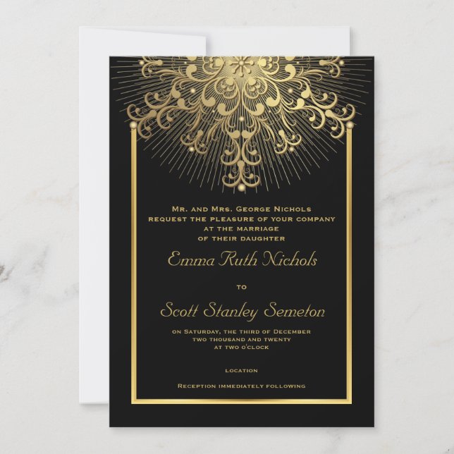 Gold snowflake on black elegant  winter wedding invitation (Front)