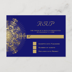 Gold snowflake on blue winter wedding RSVP reply Card