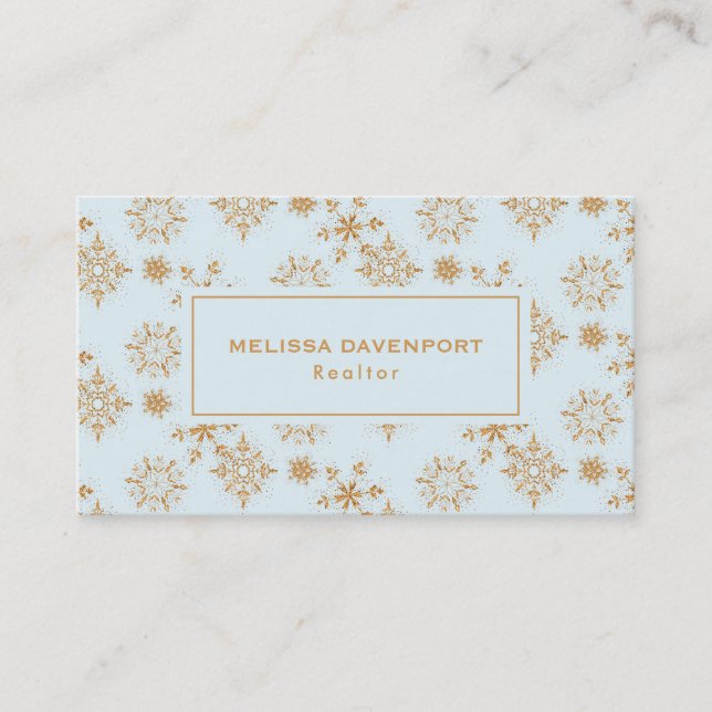 Gold Snowflake on Frosty Blue Christmas Pattern Business Card (Front)