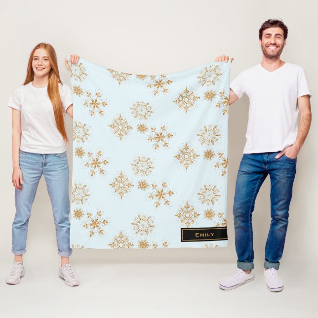 Gold Snowflake on Frosty Blue Christmas Pattern Fleece Blanket (In Situ)