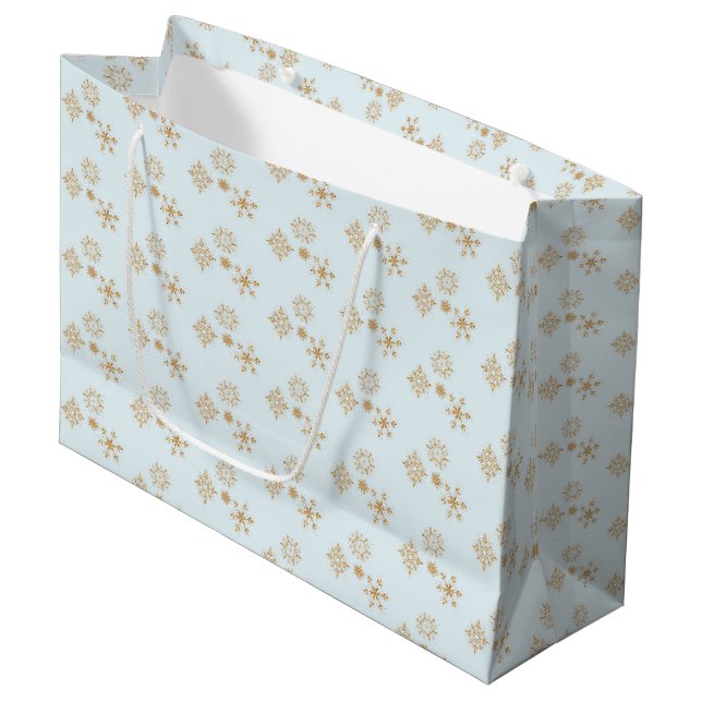 Gold Snowflake on Frosty Blue Christmas Pattern Large Gift Bag (Front Angled)