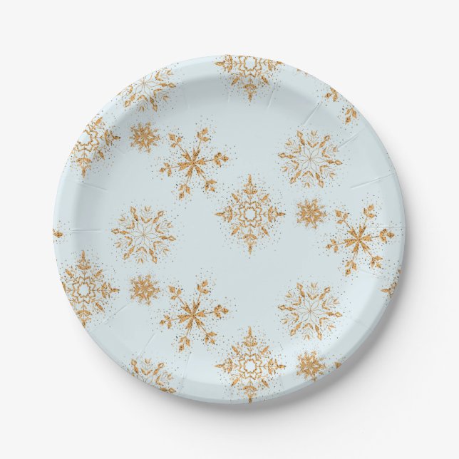 Gold Snowflake on Frosty Blue Christmas Pattern Paper Plate (Front)