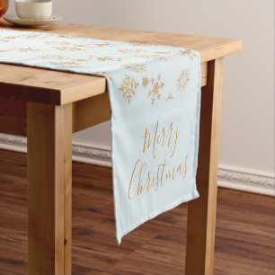 Gold Snowflake on Frosty Blue Christmas Pattern Short Table Runner