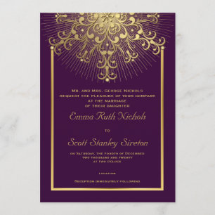 Gold snowflake on purple elegant  winter wedding invitation