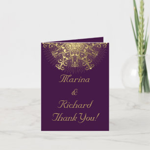 Gold snowflake on purple winter wedding Thank You Card