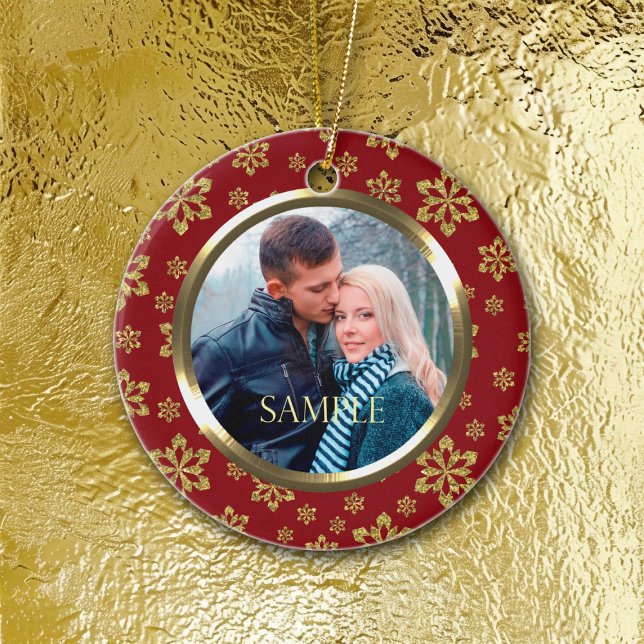 Gold Snowflake on Red Holiday Template Ceramic Ornament (Creator Uploaded)