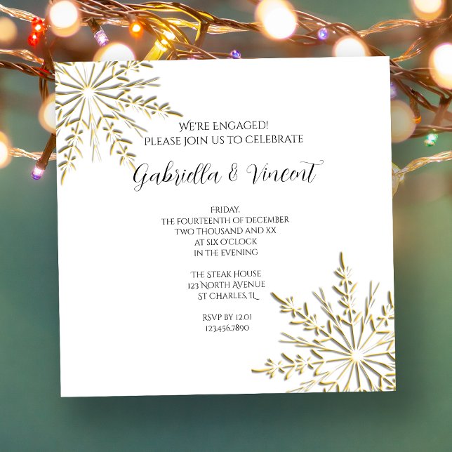 Gold Snowflake on White Winter Engagement Party Invitation (Creator Uploaded)