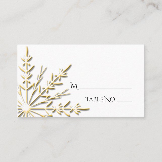 Gold Snowflake on White Winter Wedding Place Card (Front)