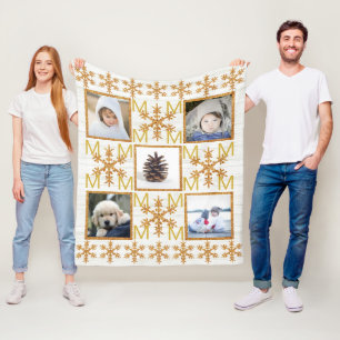 Gold Snowflake Optional Monogram 5 Photo Fleece Blanket