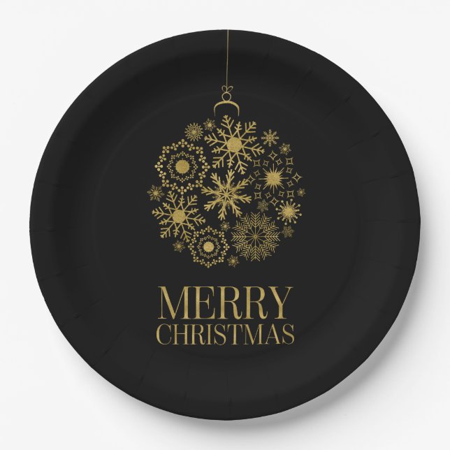 Gold Snowflake Ornament Christmas Paper Plates (Front)