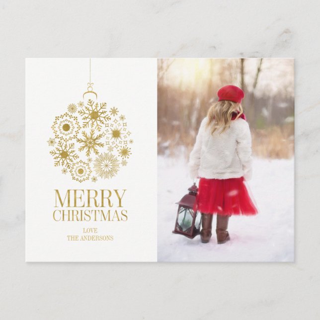 Gold Snowflake Ornament Holiday Photo Postcard (Front)