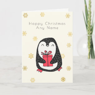 Gold Snowflake Penguin Custom Christmas Card