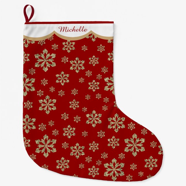 Gold Snowflake Personalized Large Christmas Stocking (Front)