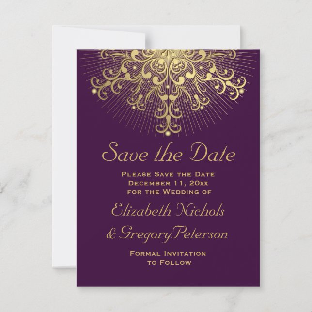 Gold snowflake purple winter wedding Save the Date (Front)