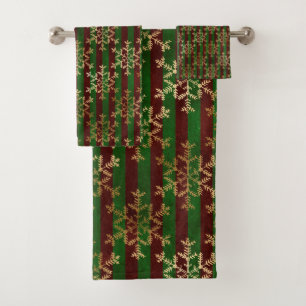 Gold Snowflake Red Green Stripe Christmas Bath Towel Set
