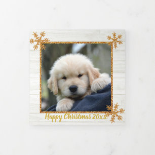 Gold Snowflake Rustic Christmas 4 Photo Tri-Fold Holiday Card