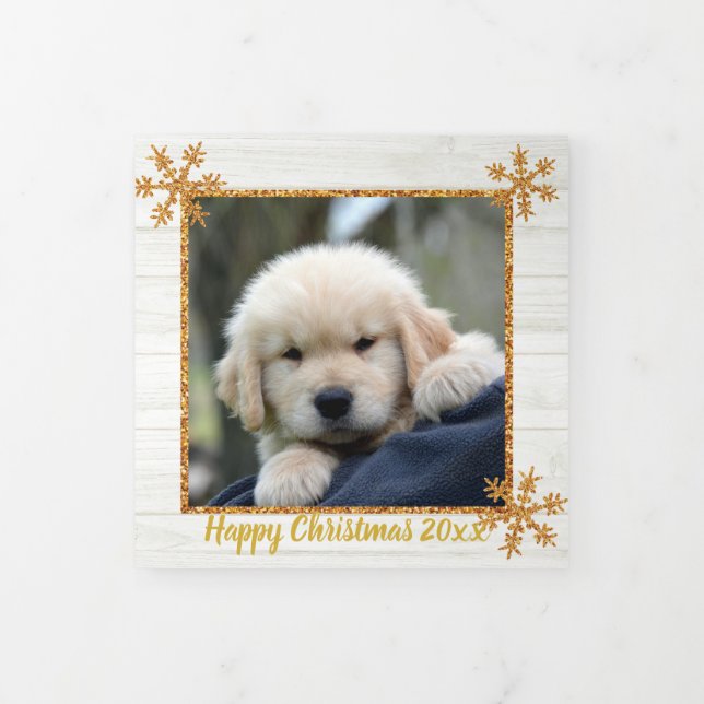 Gold Snowflake Rustic Christmas 4 Photo Tri-Fold Holiday Card (Cover)