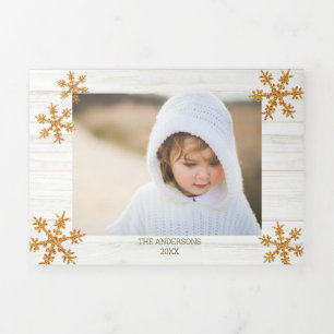 Gold Snowflake Rustic Christmas 5 Photo Tri-Fold Holiday Card