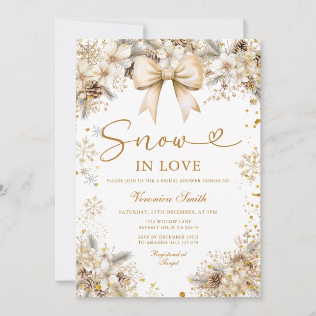 Gold Snowflake Snow in Love Winter Bridal Shower Invitation (Front)