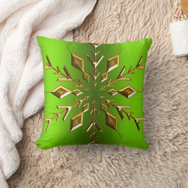 Gold Snowflake Star on Green Christmas Throw Pillow (Blanket)