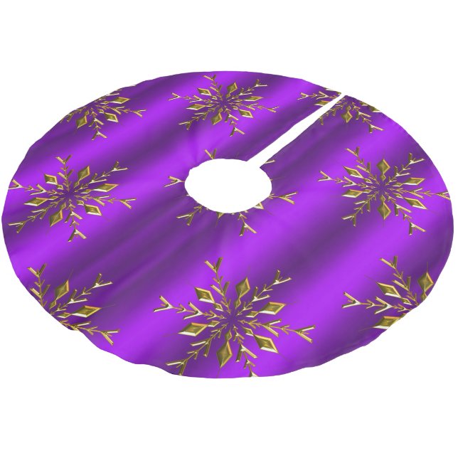 Gold Snowflake Stars on Purple Christmas Brushed Polyester Tree Skirt (Angled)