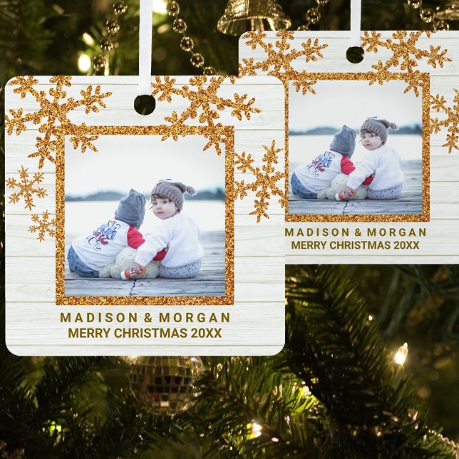 Gold Snowflake Stylish Double Sided Photo Metal Ornament (Creator Uploaded)