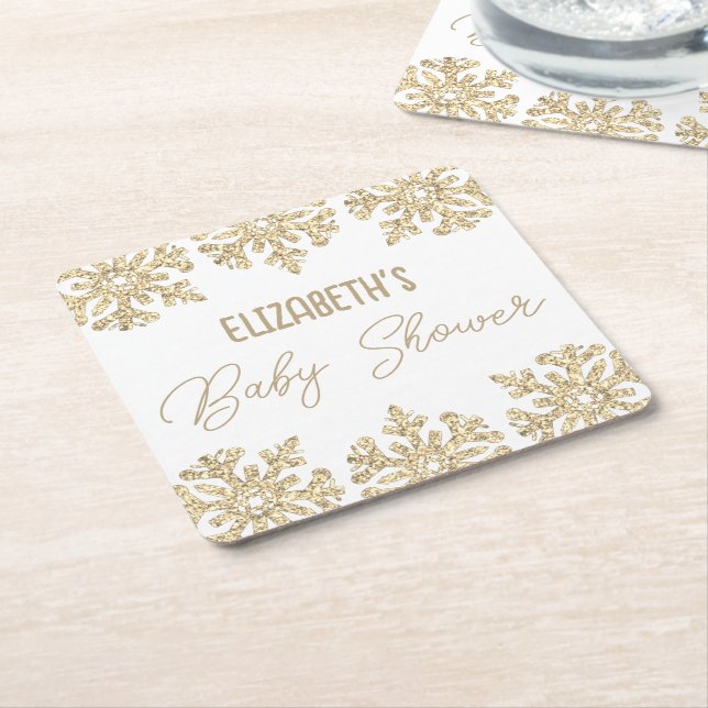 Gold Snowflake Winter Baby Shower Square Paper Coaster (Angled)