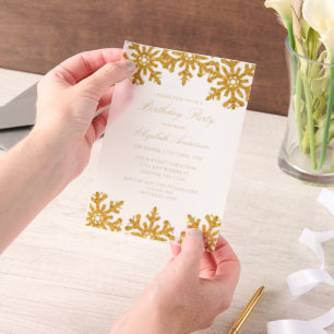 Gold Snowflake Winter Birthday Party Vellum Invitations