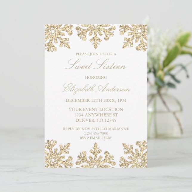 Gold Snowflake Winter Sweet 16 Invitation (Standing Front)