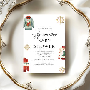 Gold Snowflake   Winter Ugly Sweater Baby Shower Invitation