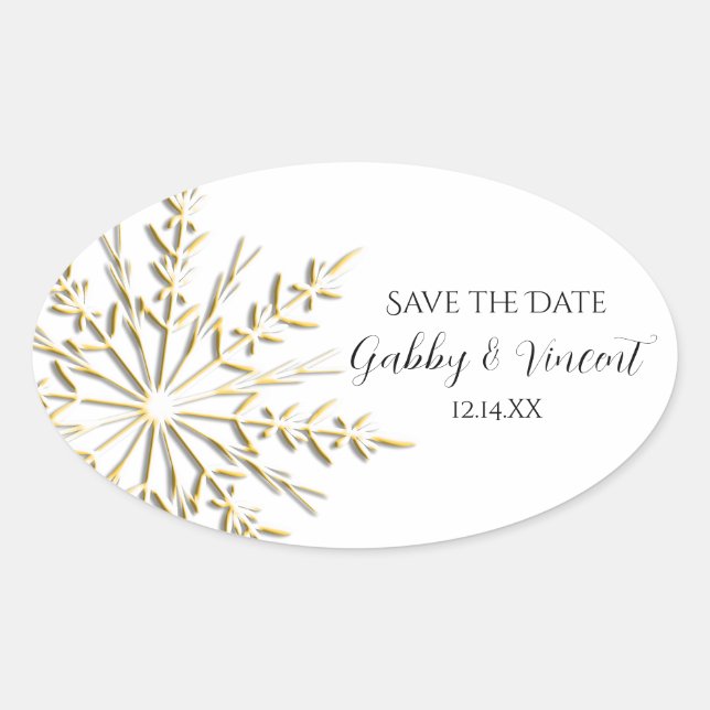 Gold Snowflake Winter Wedding Save the Date Oval Sticker (Front)