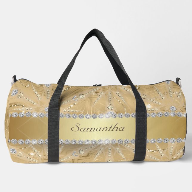 Gold Snowflake With Sparkle Diamond Custom Name Duffle Bag (Front)