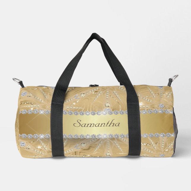 Gold Snowflake With Sparkle Diamond Custom Name Duffle Bag (Front)