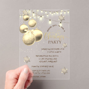 Gold Snowflakes,Balls Company Christmas Party Acrylic Invitations