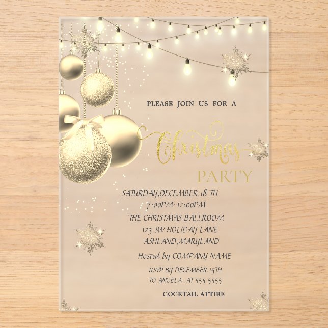  Gold Snowflakes,Balls,Lights Blue Christmas  Acrylic Invitations (Front)