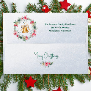Gold Snowflakes Bell Green Red Christmas Wreath Envelope