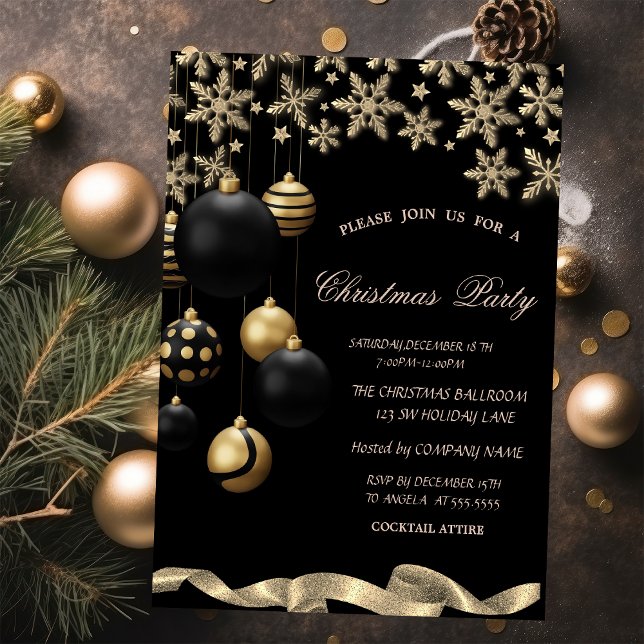 Gold Snowflakes Black Balls Corporate Christmas Invitation (Creator Uploaded)