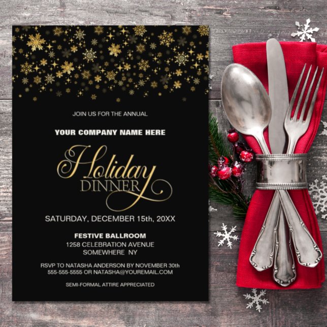 Gold Snowflakes Black Corporate Holiday Dinner Invitation (Creator Uploaded)