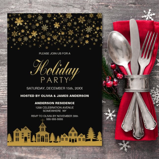 Gold Snowflakes Black Holiday Party Invitation (Creator Uploaded)