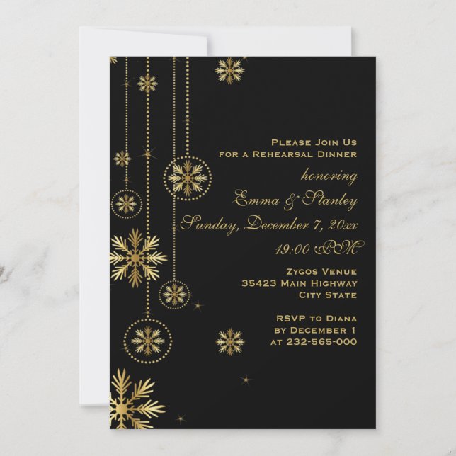 Gold snowflakes black wedding rehearsal dinner invitation (Front)
